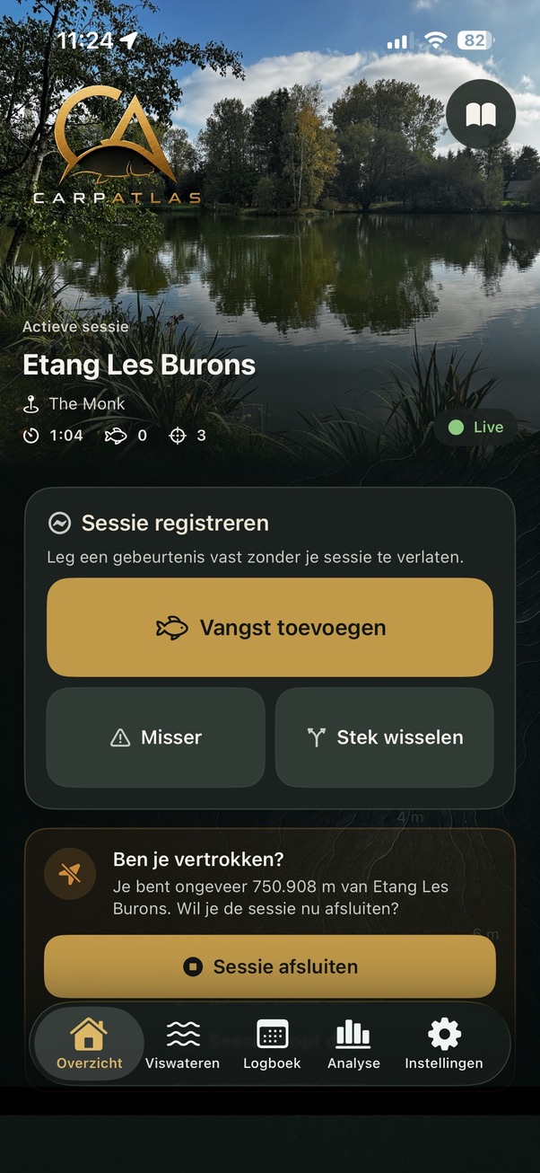 Actief CartAtlas-dashboard tijdens een lopende vissessie